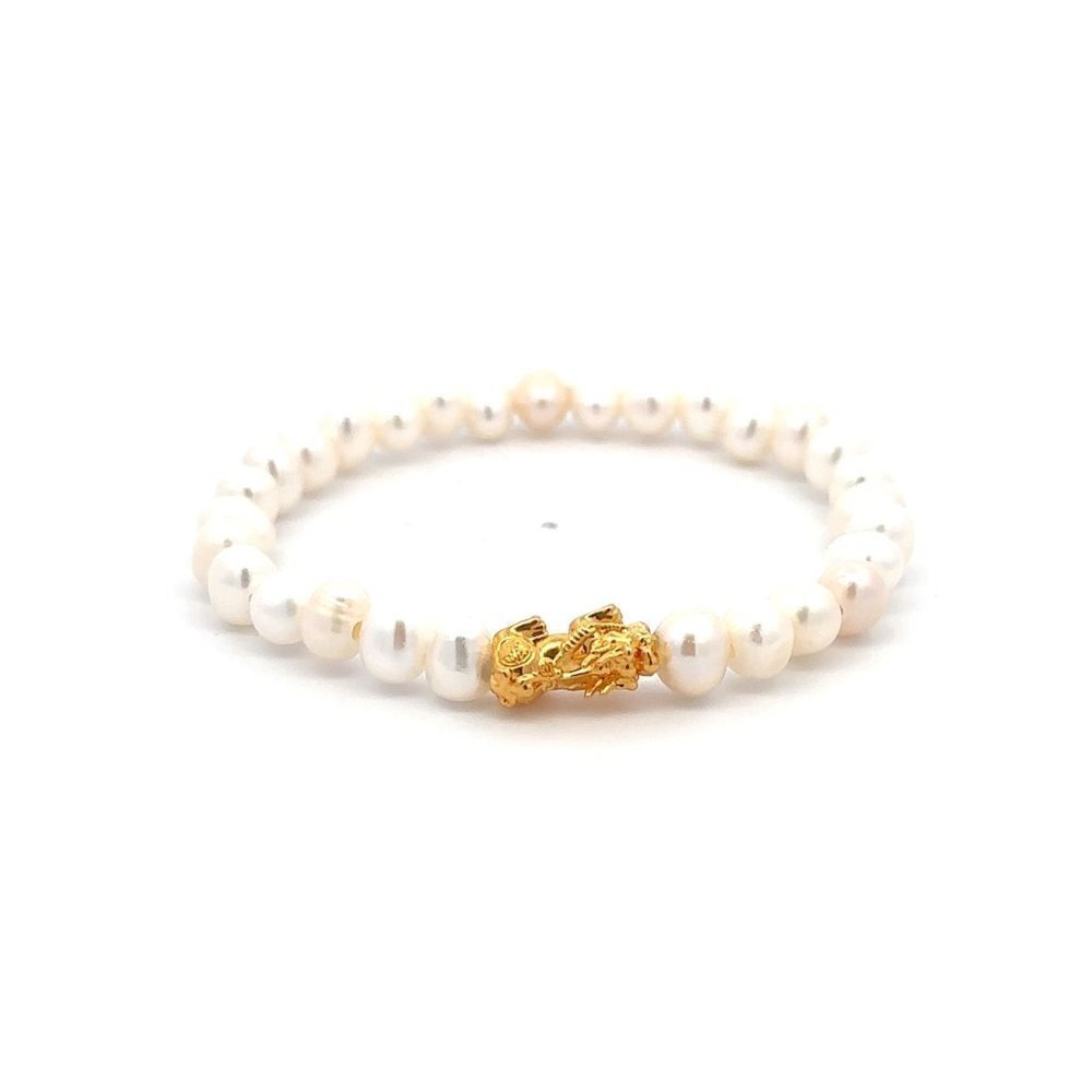 18K Gold Piyao Pixiu Dragon Lucky Charm Bracelet Freshwater Pearl 6mm x 5mm